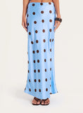 Blue And Chocolate Polka Dot Satin Maxi Skirt