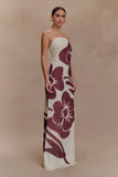 Amaya Strapless Chiffon Maxi Dress Brown Deco Fleur Print