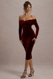 Compliment Berry Velvet Bardot Midi Dress