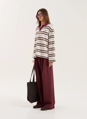 Cream And Chocolate Stripe Contrast Collar Rugby Top