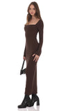 Cinch Tie Ribbed Maxi Dress in Brown