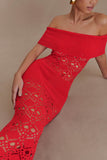 Solstice Off Shoulder Crochet Knit Maxi Dress Blood Orange