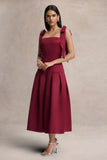 Alberta Burgundy Satin Square Neck Midi Dress With Bow Straps