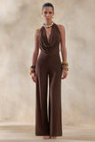 Clemence Brown Plunge Neck Jumpsuit