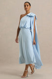 Celestia Powder Blue Satin Asymmetric Neck Midi Dress With Cape Detail