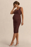 Lisbon Brown Maternity Square Neck Ruched Midi Dress