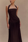 Stacie Pleated Halter Maxi Dress Cacao