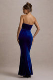 Pacifica Cobalt Velvet Plunge Neck Strapless Maxi Dress