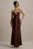 Mackenzie Brown Satin Plunge Neck Draped Maxi Dress