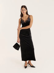 Black Velvet Lace Trim Midaxi Dress