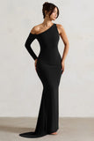 Contradiction Black One Sleeve Asymmetric Maxi Dress
