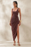 Jaylani Brown Scoop Neck Midi Dress With Draped Detailing