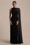 Mirelle Black Asymmetric Neck Maxi Dress With Sheer Cape Sleeve
