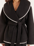 Black Contrast Stitch Belted Jacket