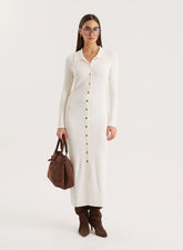 Off White Collared Button Down Knitted Dress