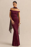 Iselle Burgundy Lace Bardot Neck Maxi Dress With Scarf Detail