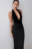 Lien Mesh Velvet Plunge Midi Dress Black