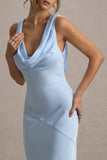 Alesso Powder Blue Satin Cowl Neck Slip Maxi Dress