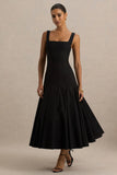 Magnolia Black Scoop Neck Midi Dress With Drop Waist And Ruffling Detail