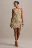 Kamara Nude Sequin Floral Halter Neck Mini Dress