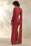 Lysoria Rust High Neck Maxi Dress With Draped Detailing And Cape Sleeves