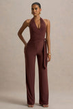 Marlais Chocolate Plunge Neck Jumpsuit With Tie Waist