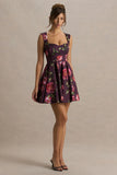 Magic Burgundy Floral Print Sweetheart Neck Mini Dress