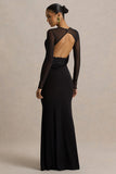 Bethan Black Cowl Neck Maxi Dress With Mesh Sleeves And Open Back