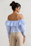 Harbour Blue Pinstripe Bardot Puff Sleeve Top With Bows