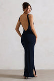 Kate Navy Square Neck Maxi Dress with Plunge Back and Side Thigh Split