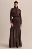 Zella Brown High Neck Maxi Dress With Sheer Skirt