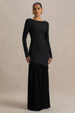Yanira Black Crepe And Georgette Boat Neck Maxi Dress With Drop Waist
