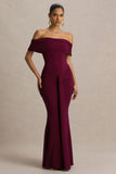 Envisioned Burgundy Bardot Neck Maxi Dress With Gathered And Drape Detail