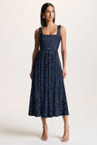 Lima Navy Sequin Square Neck A Line Midi Dress
