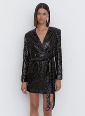 Black Sequin Tie Waist Mini Dress