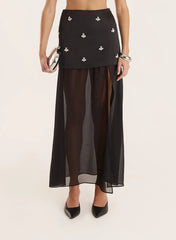 Black Embellished Mesh Hem Midi Skirt