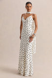 Starling White Black Polka Dot Matte Satin Plunge Neck Maxi Dress With Scarf Detail