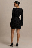 Vicenta Black Velvet Devore Plunge Neck Wrap Mini Dress