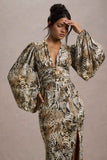 Casarile Snake Print V Neck Balloon Sleeve Maxi Dress