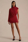 Zelda Red High Neck Mini Dress With One Long Sleeve And Twisted Detail