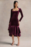 Emberlyn Burgundy Velvet Scoop Neck Fishtail Midi Dress