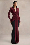 Halston Burgundy And Black Plunge Neck Maxi Dress With Gathered Detailing