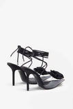 Sharpened Black Lace Up Clear Stiletto Heels With Diamante Flowers