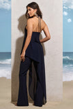 Catania Navy Flared Leg Jumpsuit With Chiffon Cape