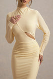 Pandora Pale Lemon Long Sleeve Maxi Dress With Cut Out