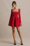 Astonish Red Long Sleeve Embellished Square Neck Mini Dress With Volume Skirt