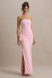 My Muse Pink Ruched Bandeau Split Maxi Dress With Flowers