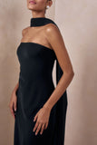 Charly Black Matte Satin Bandeau Maxi Dress With Scarf Detail