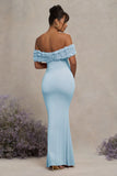 Inflorescence Powder Blue Mesh Floral Bardot Maternity Maxi Dress