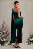 Amaryllis Bottle Green Velvet Maternity One Shoulder Maxi Dress with Cape Sleeve